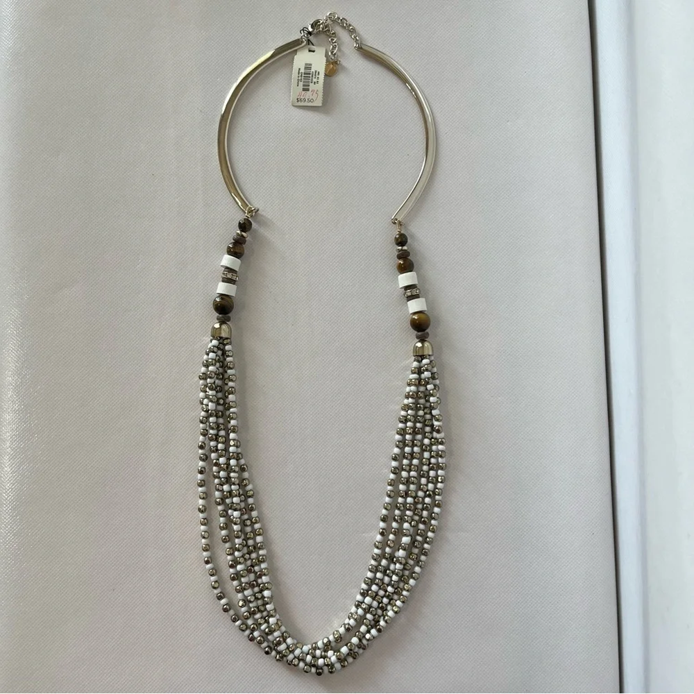 Talbots Multi-Strand Gold and White Long Beaded Necklace NWT